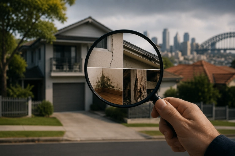 Buyer inspecting hidden property red flags in a Sydney home, including cracks, mould and damaged timber.