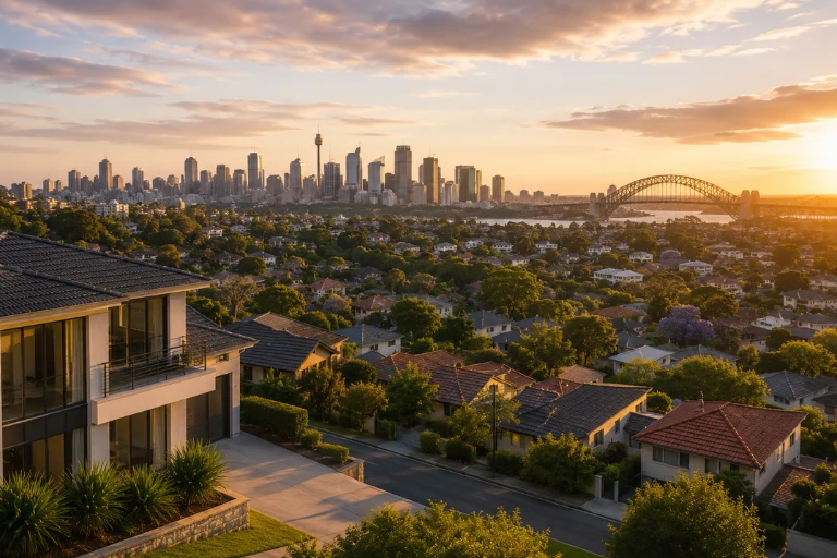 Sydney residential properties overlooking the city skyline and Harbour Bridge, representing key property growth drivers.