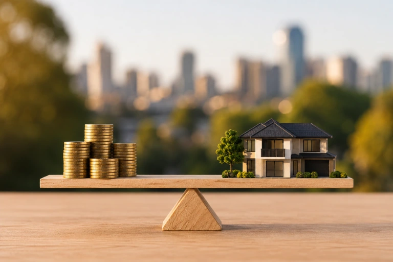 Property price versus value concept showing a Sydney home balanced against stacks of coins.